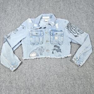 Custom Painted Cropped‎ Jean Jacket Medium Cannabis Super Kush Tigers Trees Q2